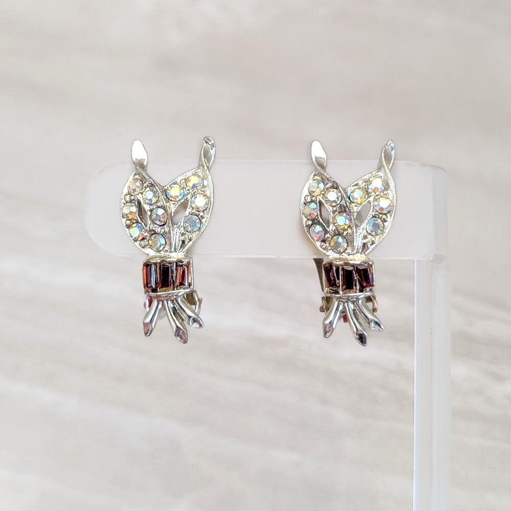 Vintage Clip On Earrings Red & Iridescent Gems Large 1.25" - Fair Condition